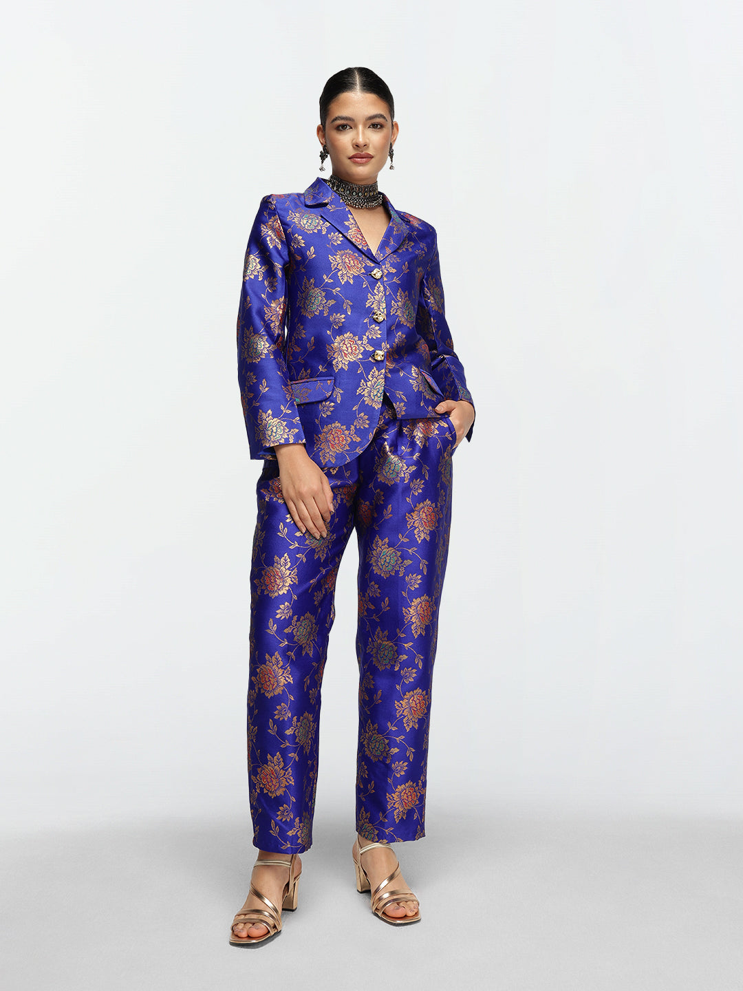 Rich Blue Jacquard Silk Blend Regular Fit Co-ord Set with Lapel collar