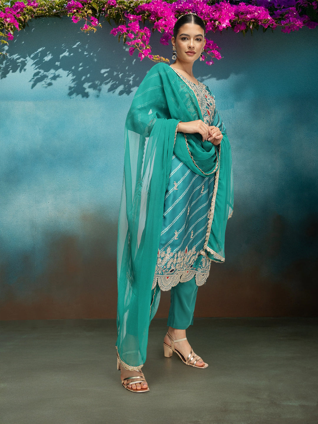Graceful Green Poly Silk Zari Embroidered Straight Fit  Kurta Set with dupatta
