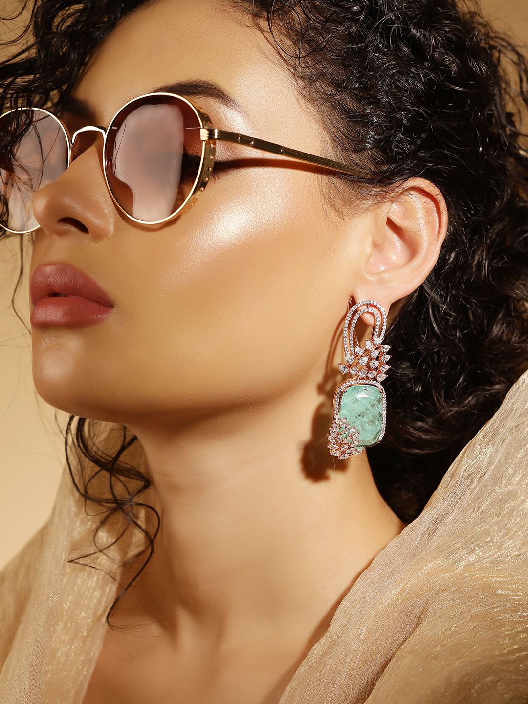 Green Colour Silver Plated AD Drop Earring