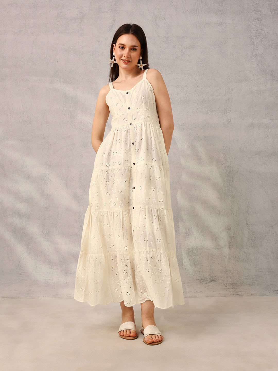 Off White Smart  Casual Schiffli Maxi Dress