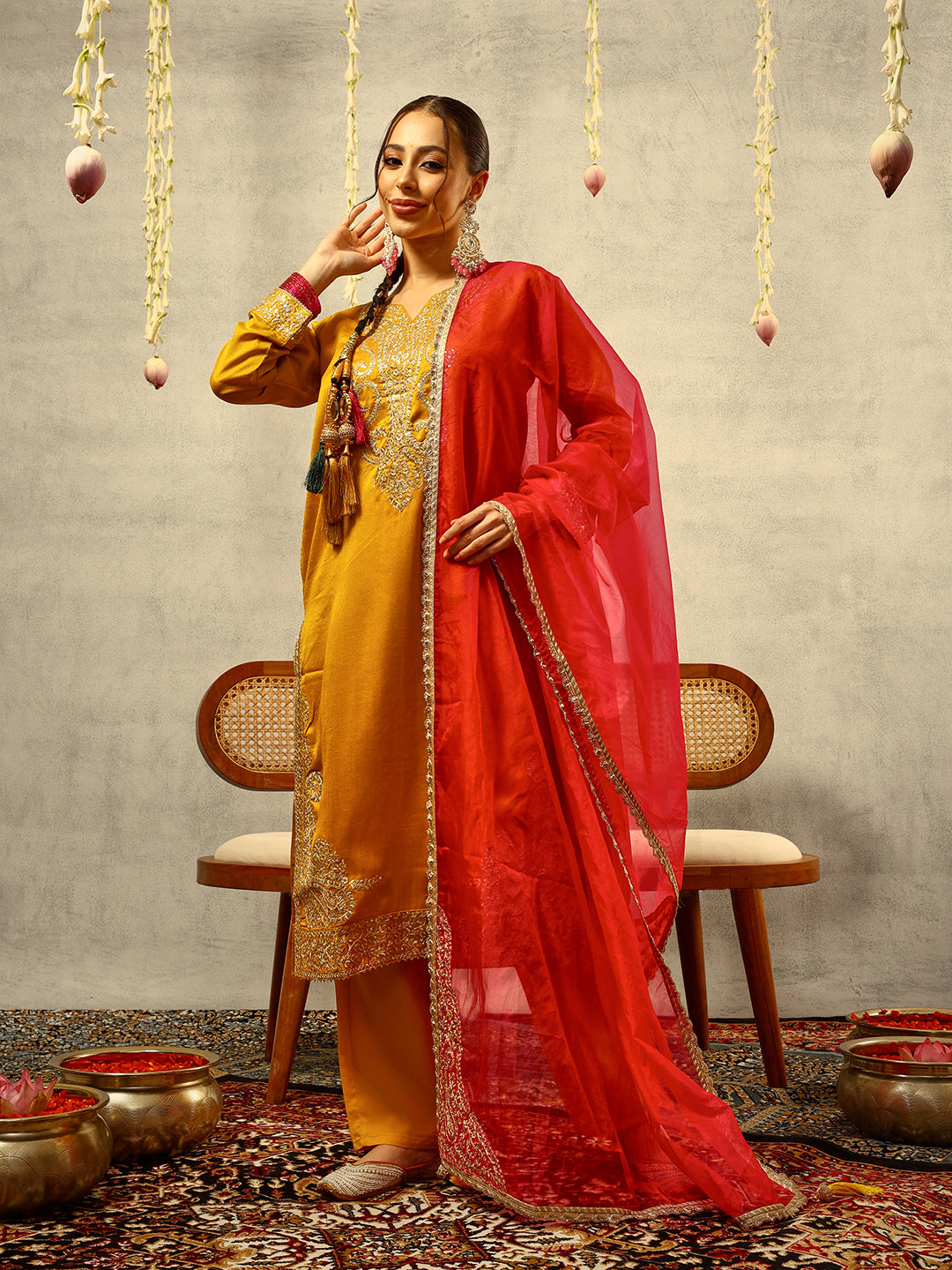 Mustard Cording & Zari Embroidered Festive Kurta with Trouser & full width Organza Dupatta