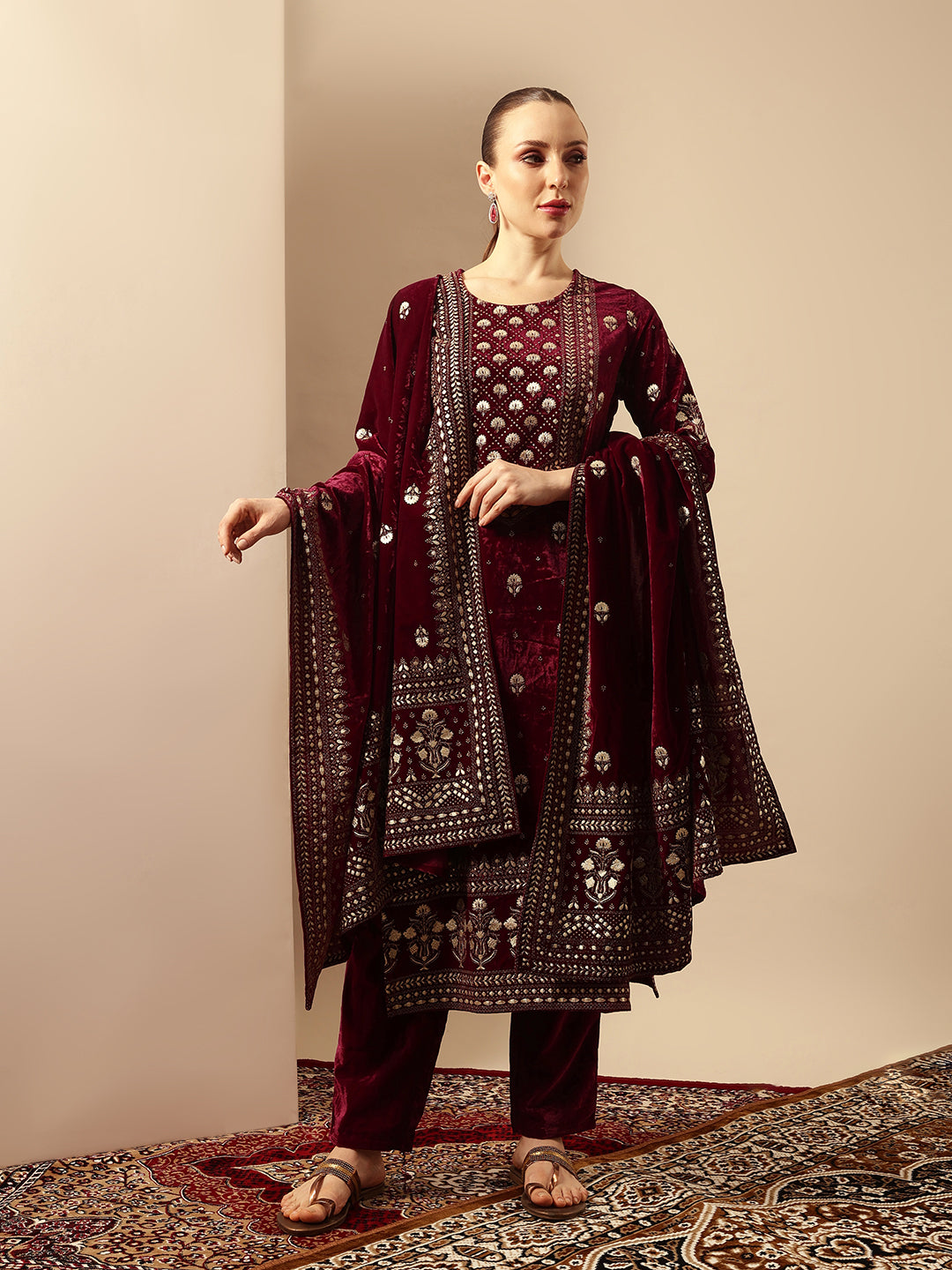 Rich Wine Velvet Gold Print Straight Kurta sets with dupatta