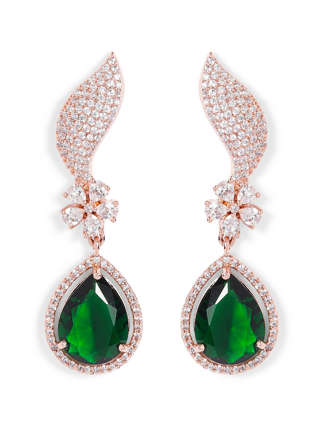 Green Colour Rose Gold Plated AD Drop Earring