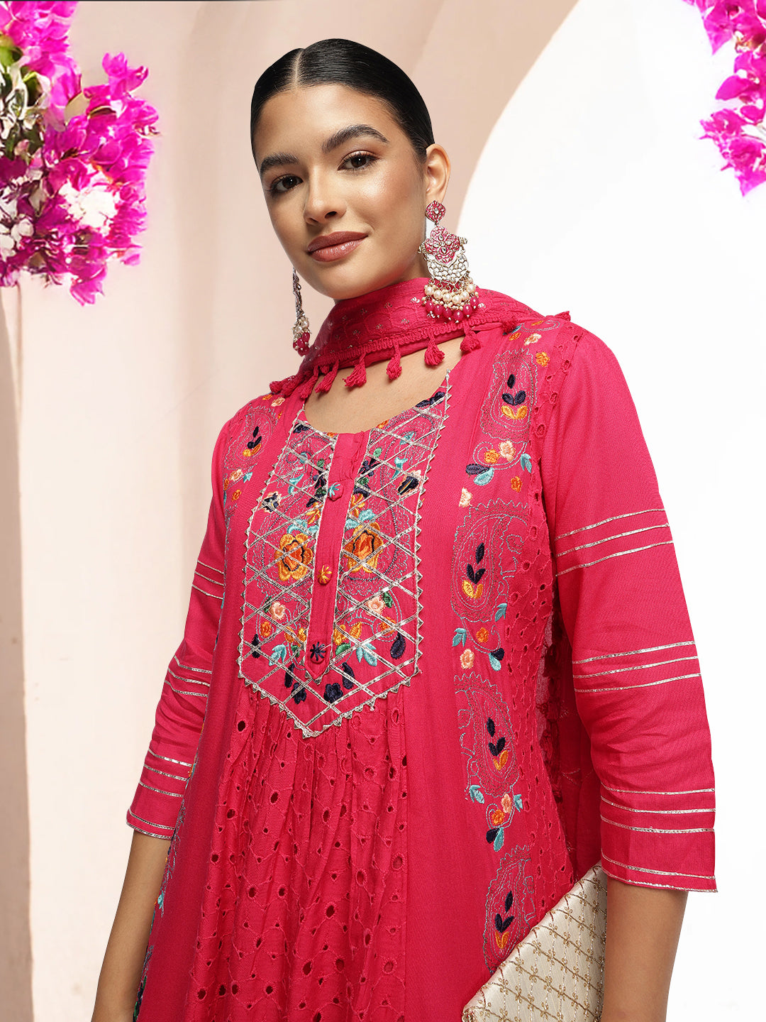 Graceful Pink  Rayon Schiffli Embroidered A-line Kurta Set with dupatta