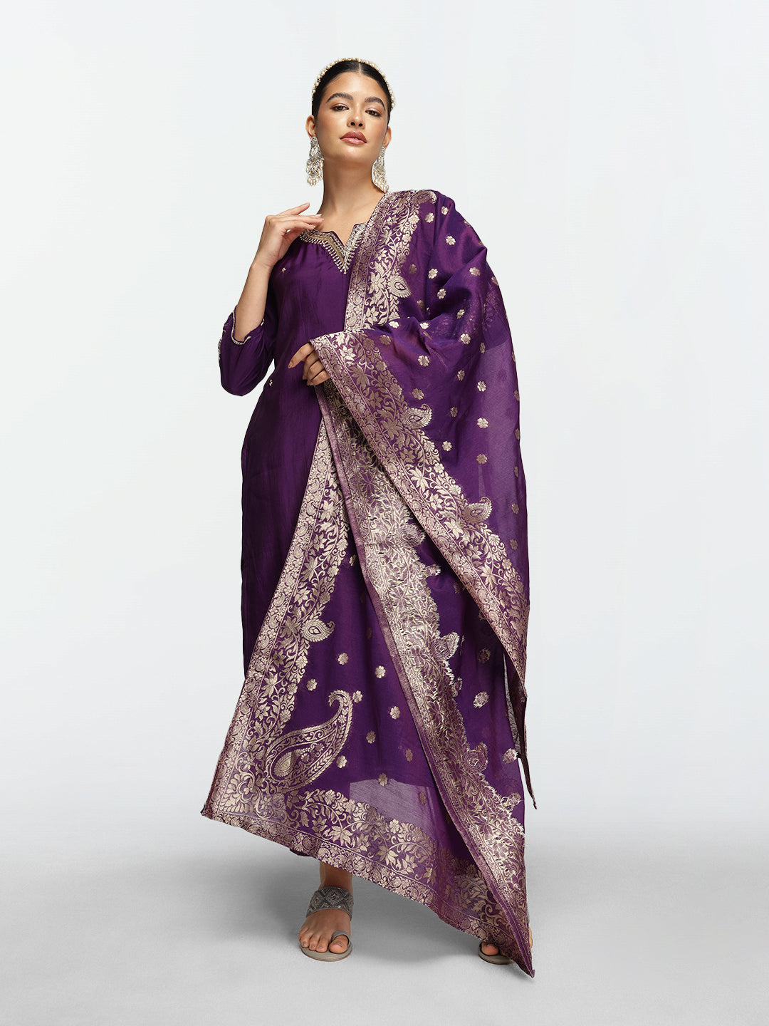 Rich Purple Poly Silk Zari Embroidered Straight Fit Kurta Set with Brocade Dupatta