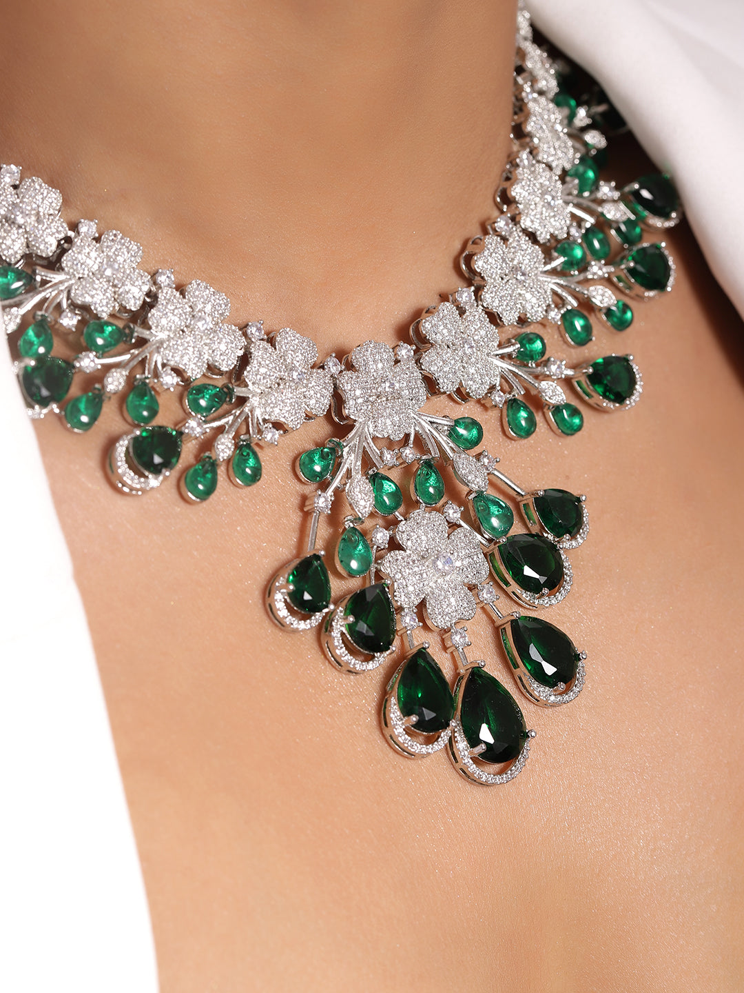 Ishin Green  Colour Silver Plated American Diamond Jewellery Set