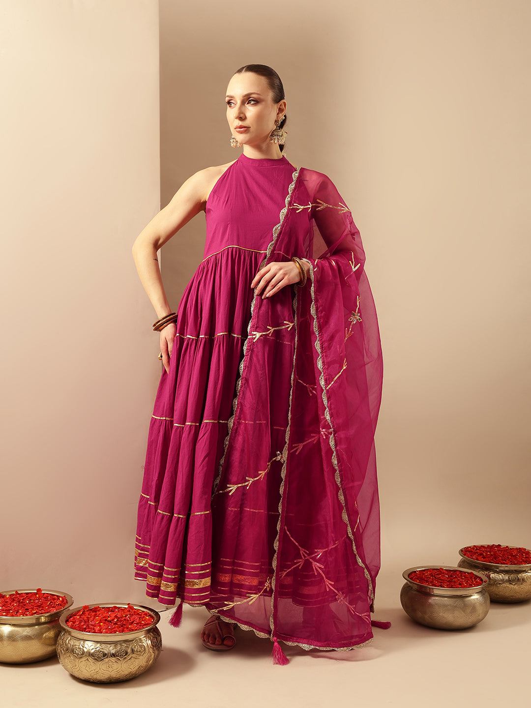 Comfy Rani Pink Organza Embroidered Anarkali Kurta Sets