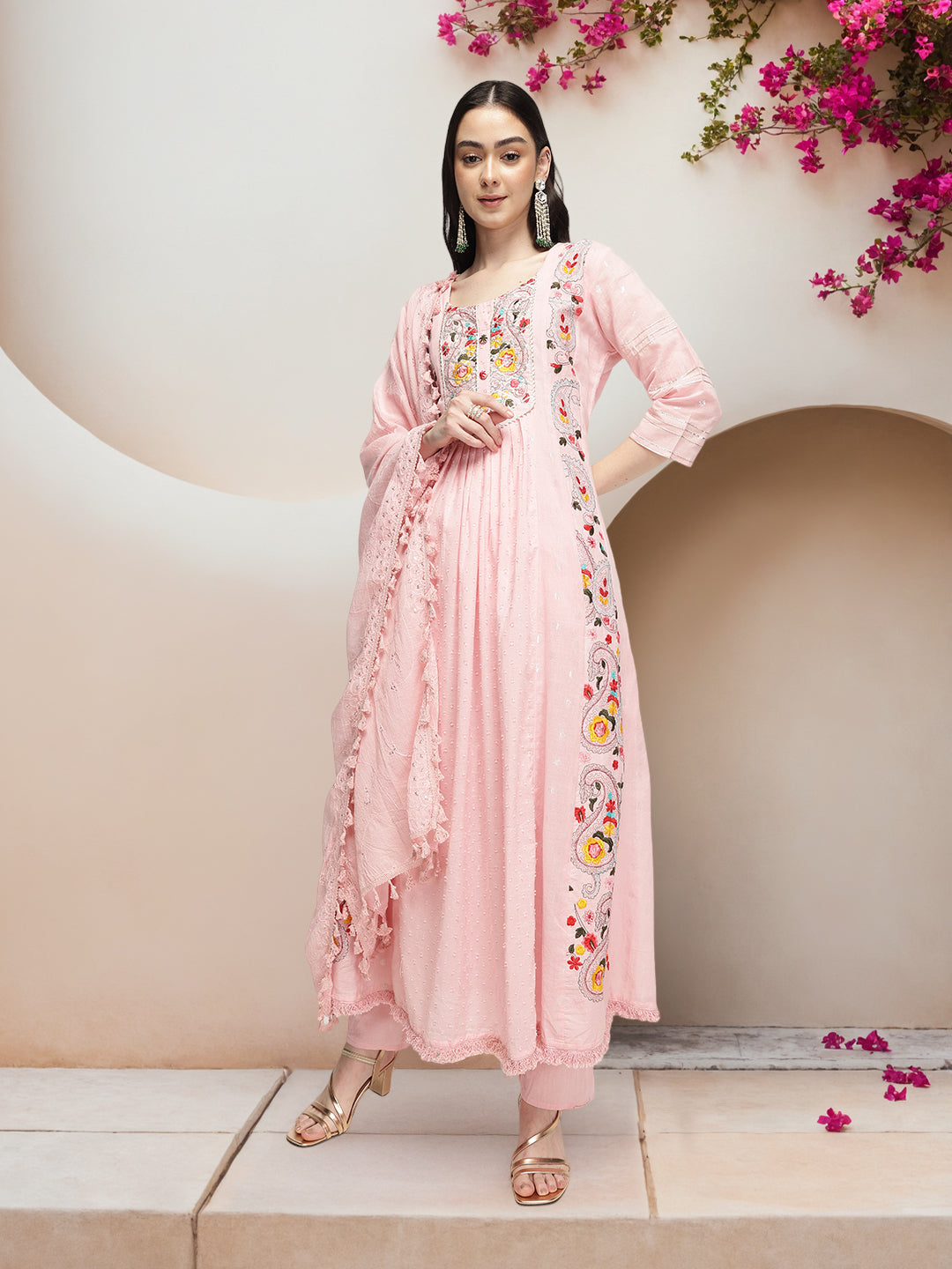 Graceful Pink  Cotton Dobby Embroidered A-line Kurta Set  with tasseled dupatta