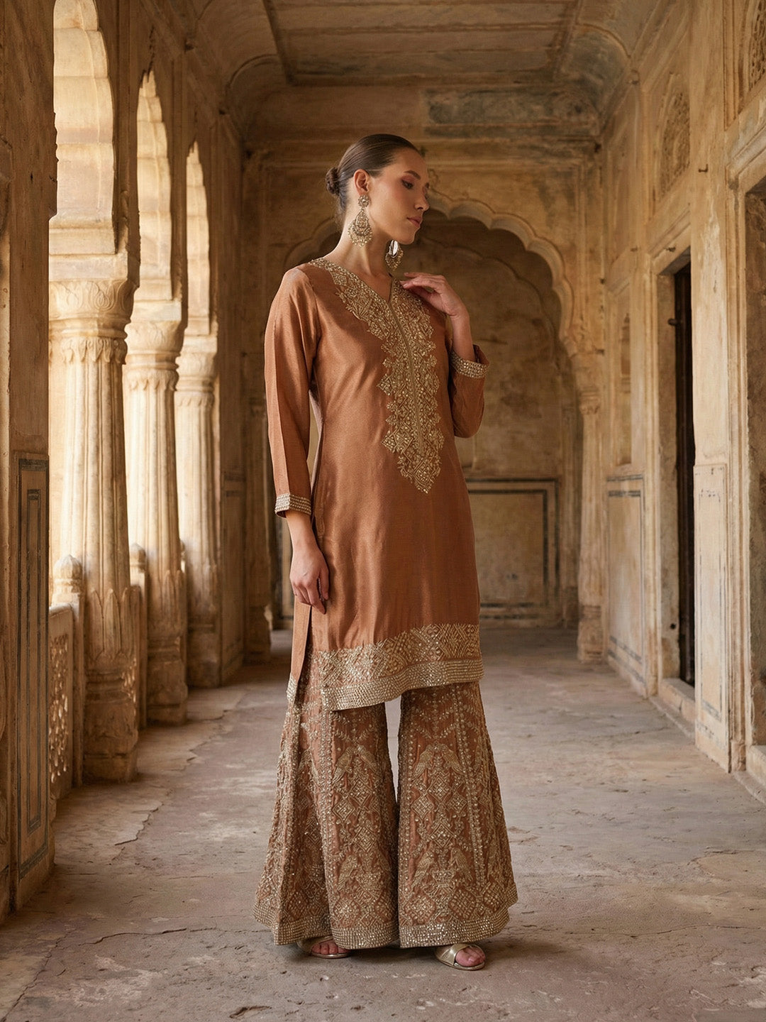 Rich Rust Embroidered Kurta and sharara set