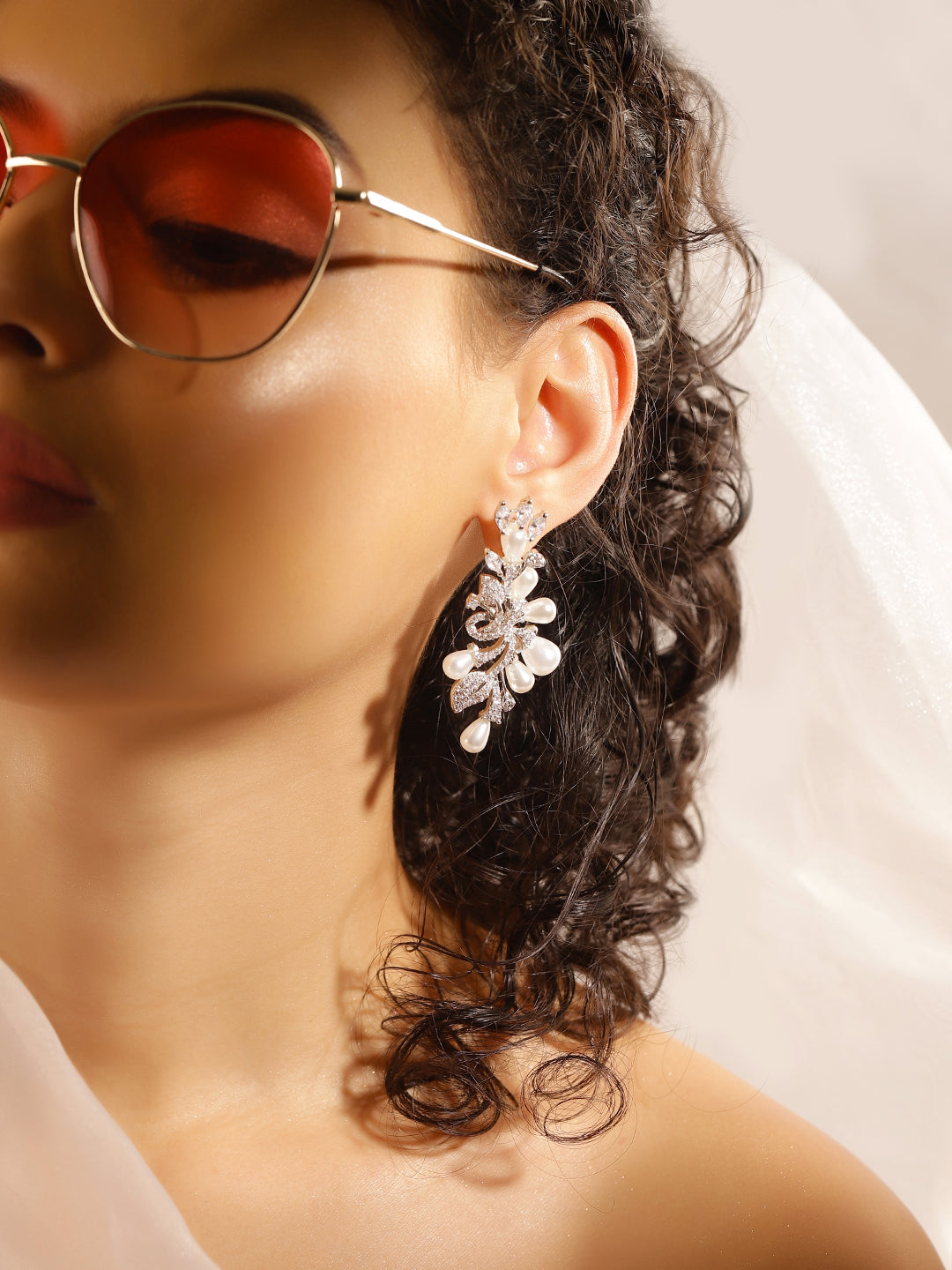 White Colour Silver Plated AD Drop Earring
