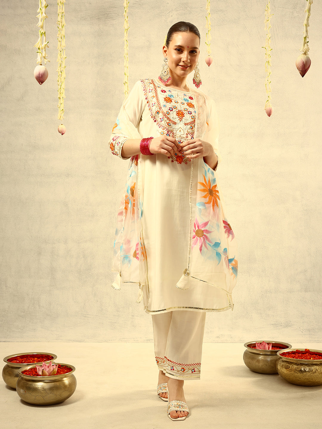 Off White Mirror & Thread Embroidered  Festive Kurta with Trouser & hand painted Dupatta