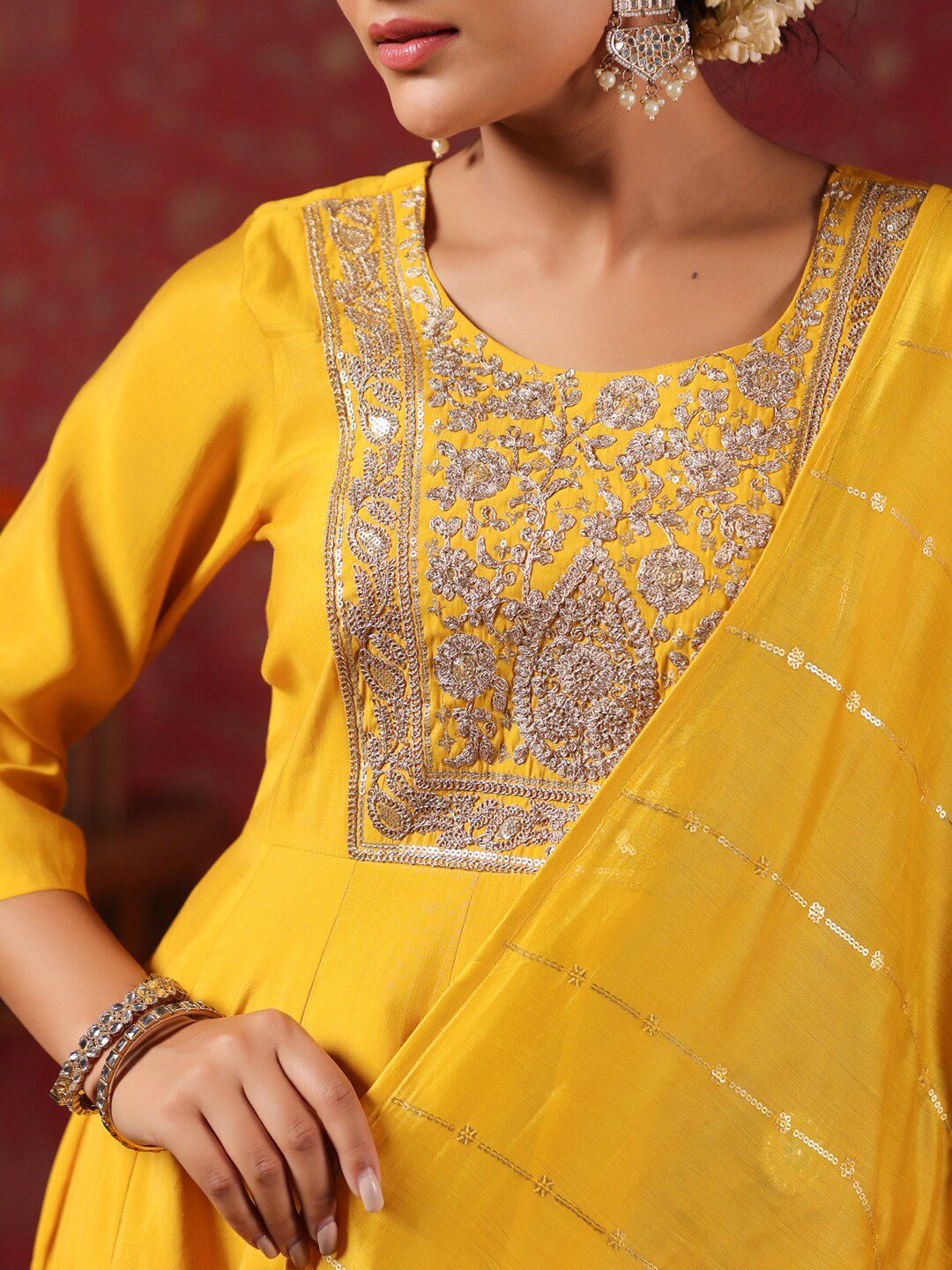 Rich Mustard Poly Silk Embroidered Anarkali Kurta With Straight Bottom And Sheer Voile Dupatta