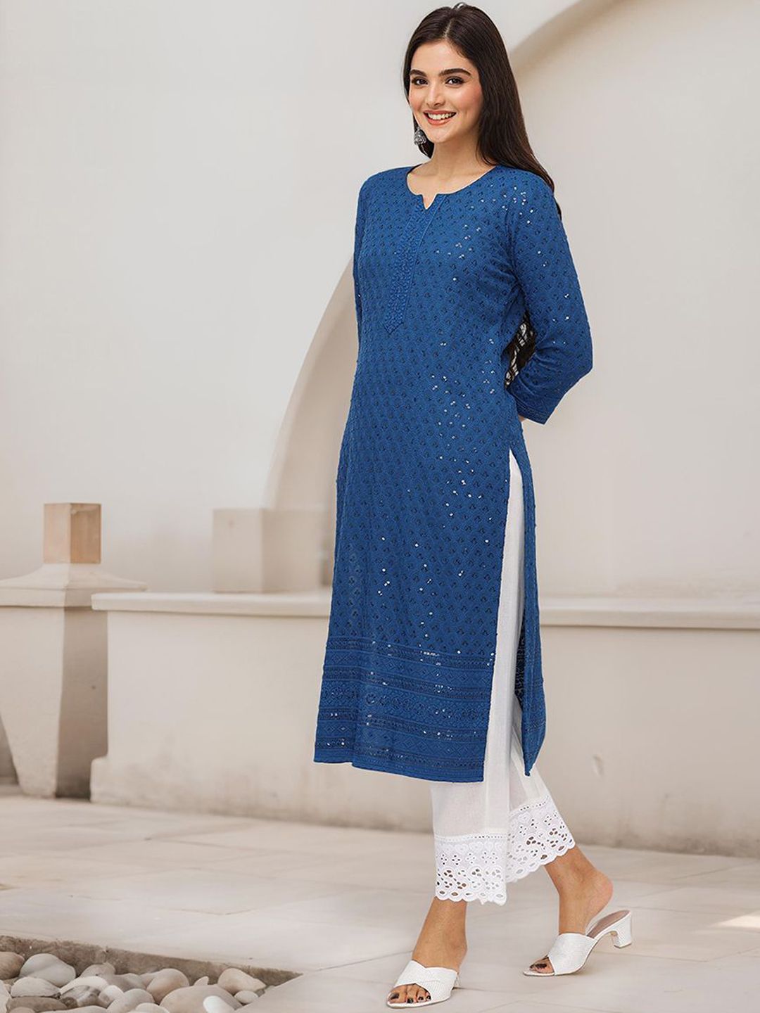 Rich Teal Blue Viscose Rayon Sequined Embroidered Kurta