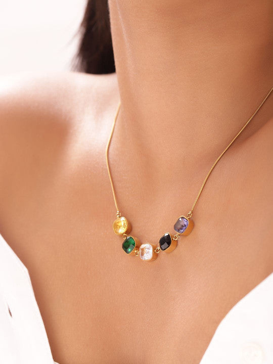 Ishin Multi  Colour Gold Plated Artificial Stones And Beads Chain