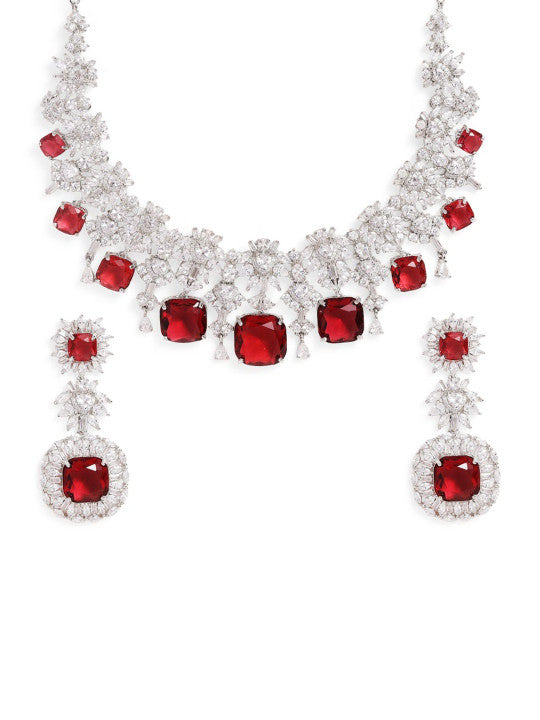 Ishin Red  Colour Silver Plated American Diamond Jewellery Set