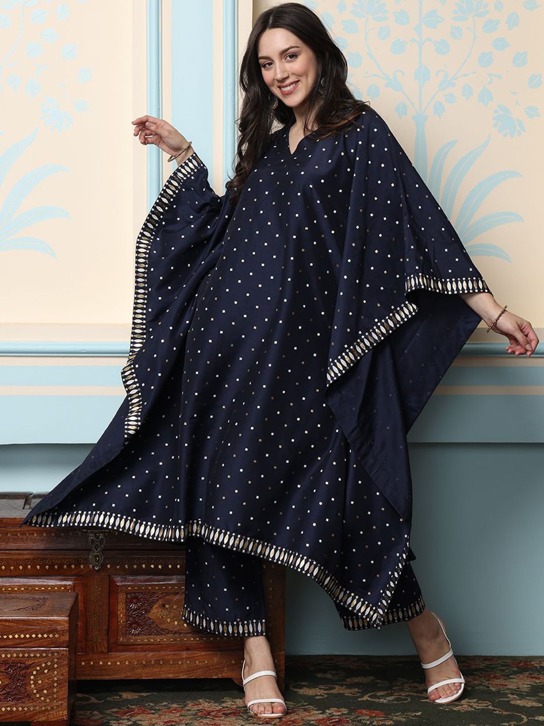 Rich Navy Blue Polyester Polka Dot Printed Kaftan Kurta Set With Straight Bottom