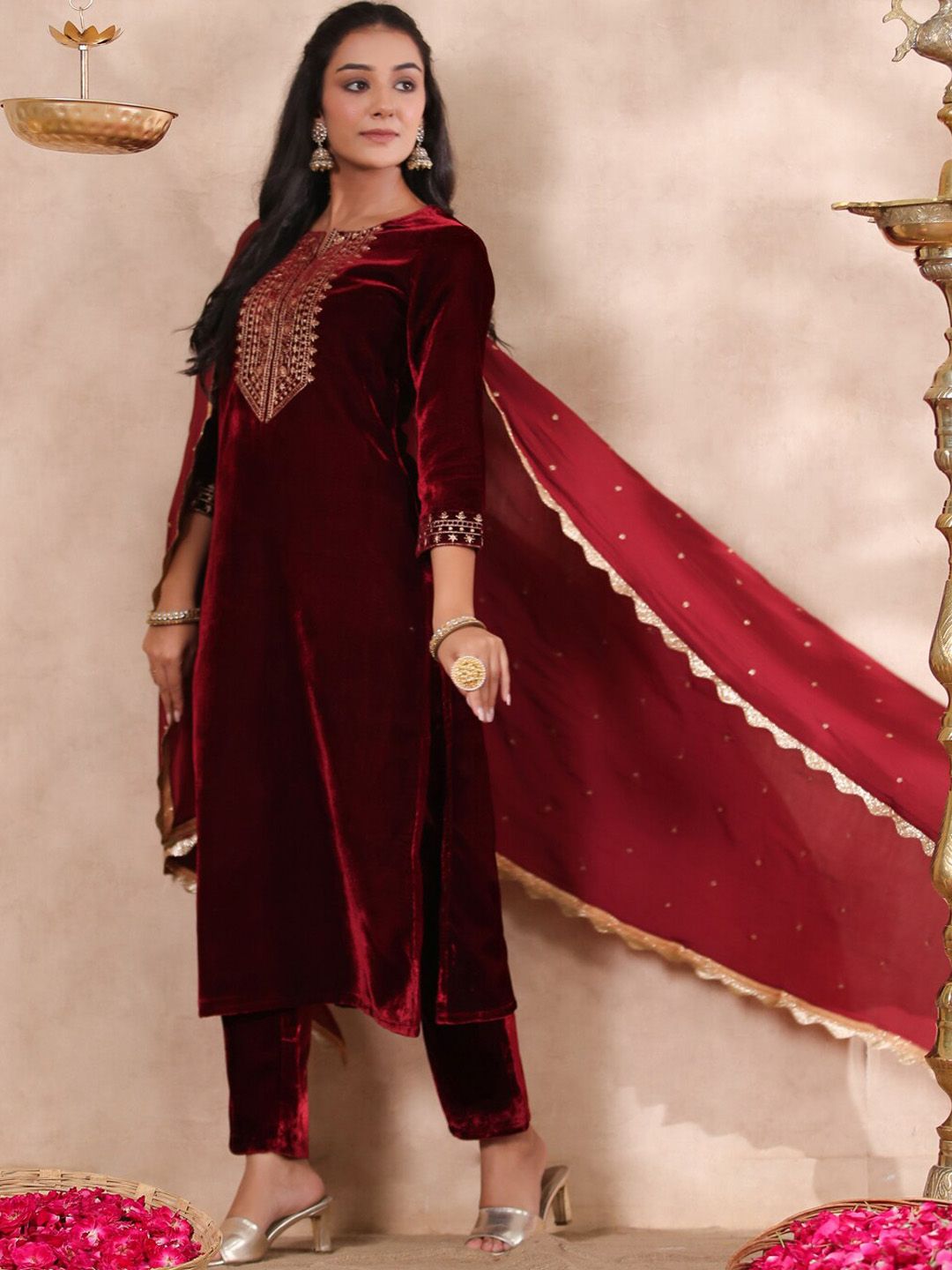 Rich Maroon Velvet Zari Embroidered Kurta Set With Sheer Voile Scalloped Lace Dupatta