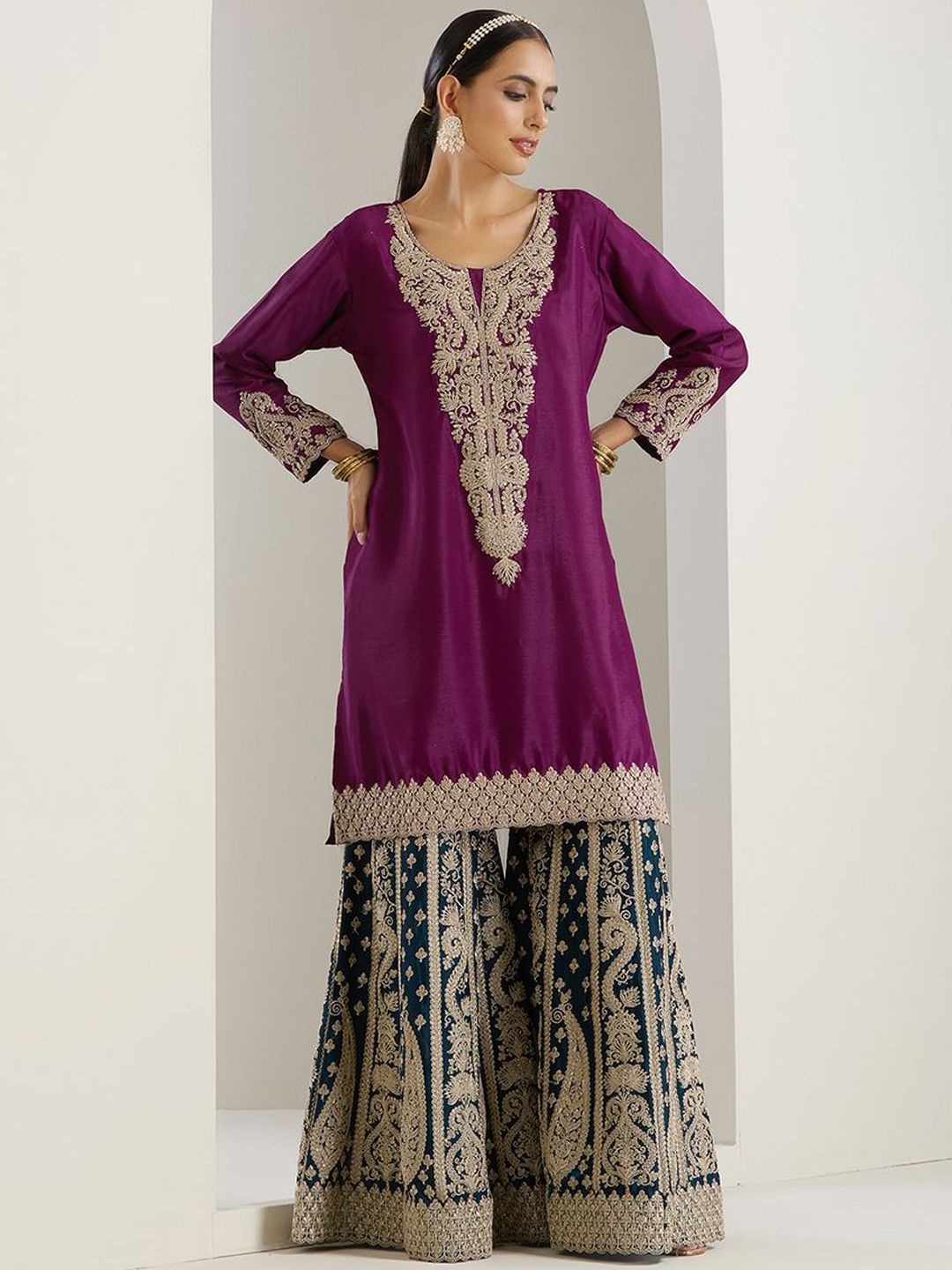 Rich Purple Chinon Zari Embroidered Kurta Set With Sharara Bottom And Silk Blend Tassel Dupatta
