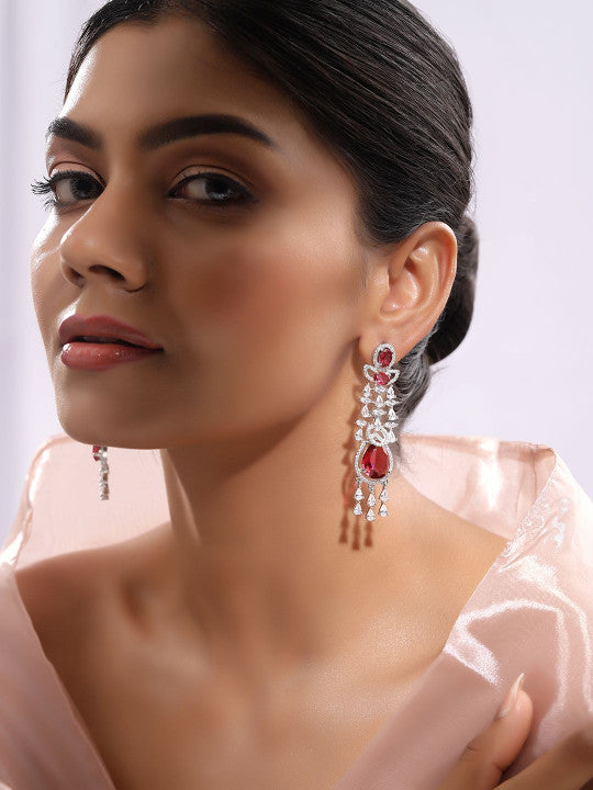 Ishin Red Colour Silver Plated American Diamond Drop Earring