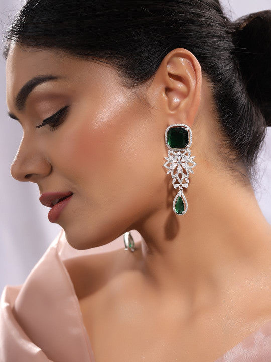 Ishin Green Colour Silver Plated American Diamond Drop Earring