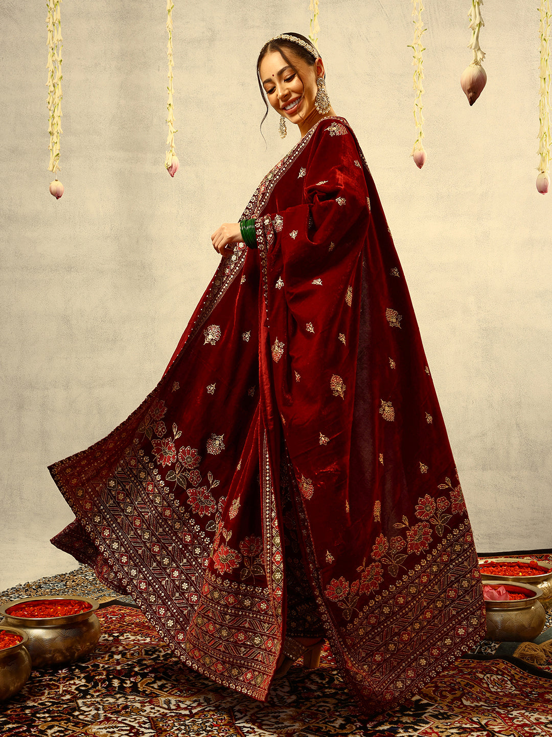 Ishin Maroon Gold Printed Anarkali Festive Kurta with Trouser & Velvet Dupatta