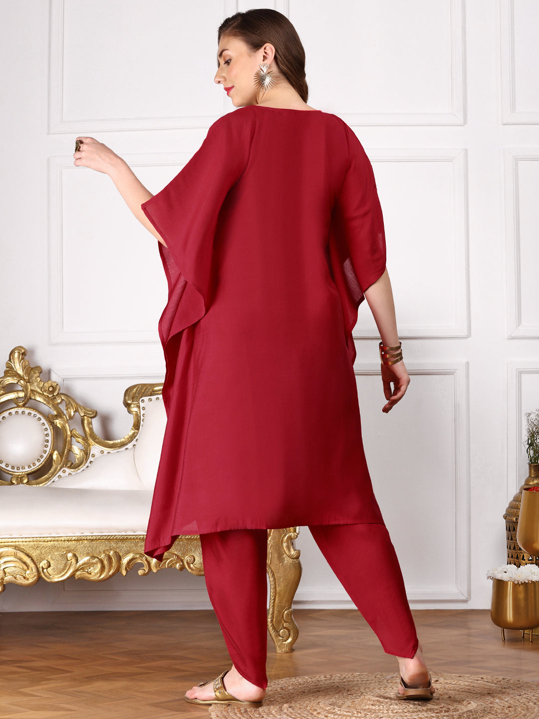 Graceful Red polyester zari embroidered Kaftan kurta set