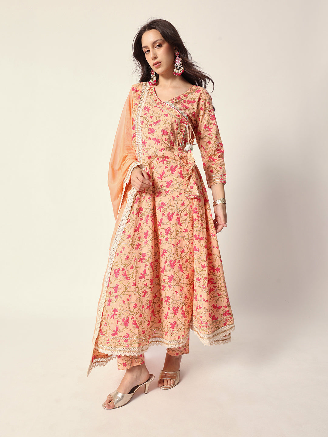 Graceful Peach cotton floral printed angrakha fit kurta set with dupatta