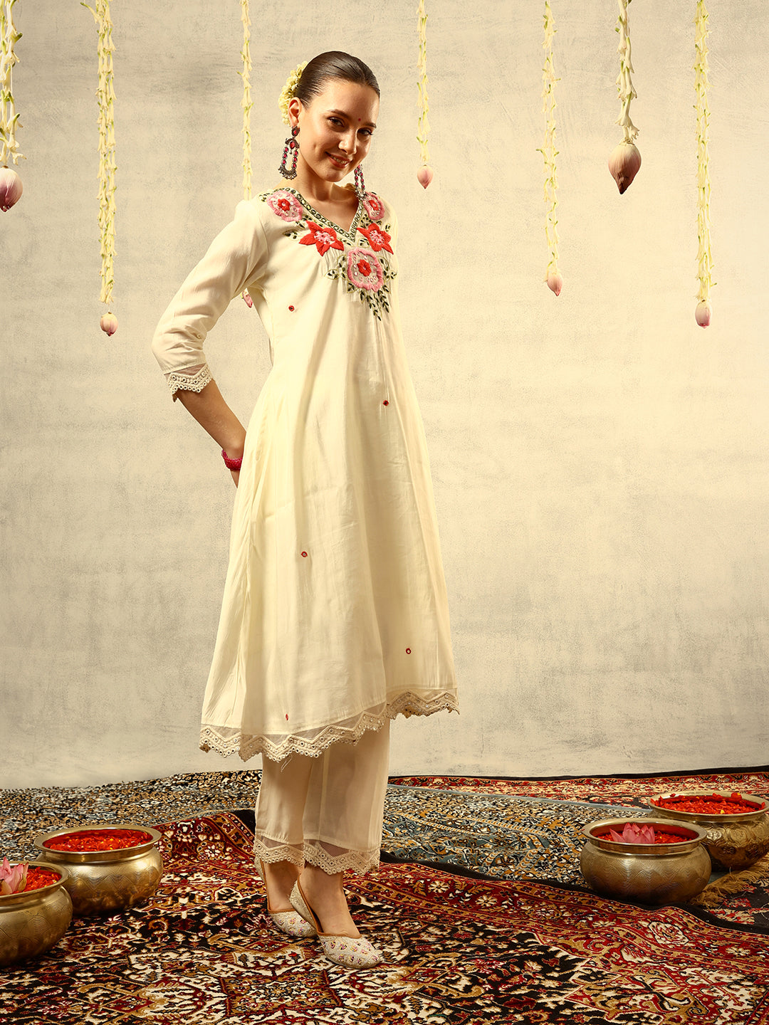 Off White Mirror & Thread Embroidered  Festive Kurta with Trouser & Hand Painted Dupatta