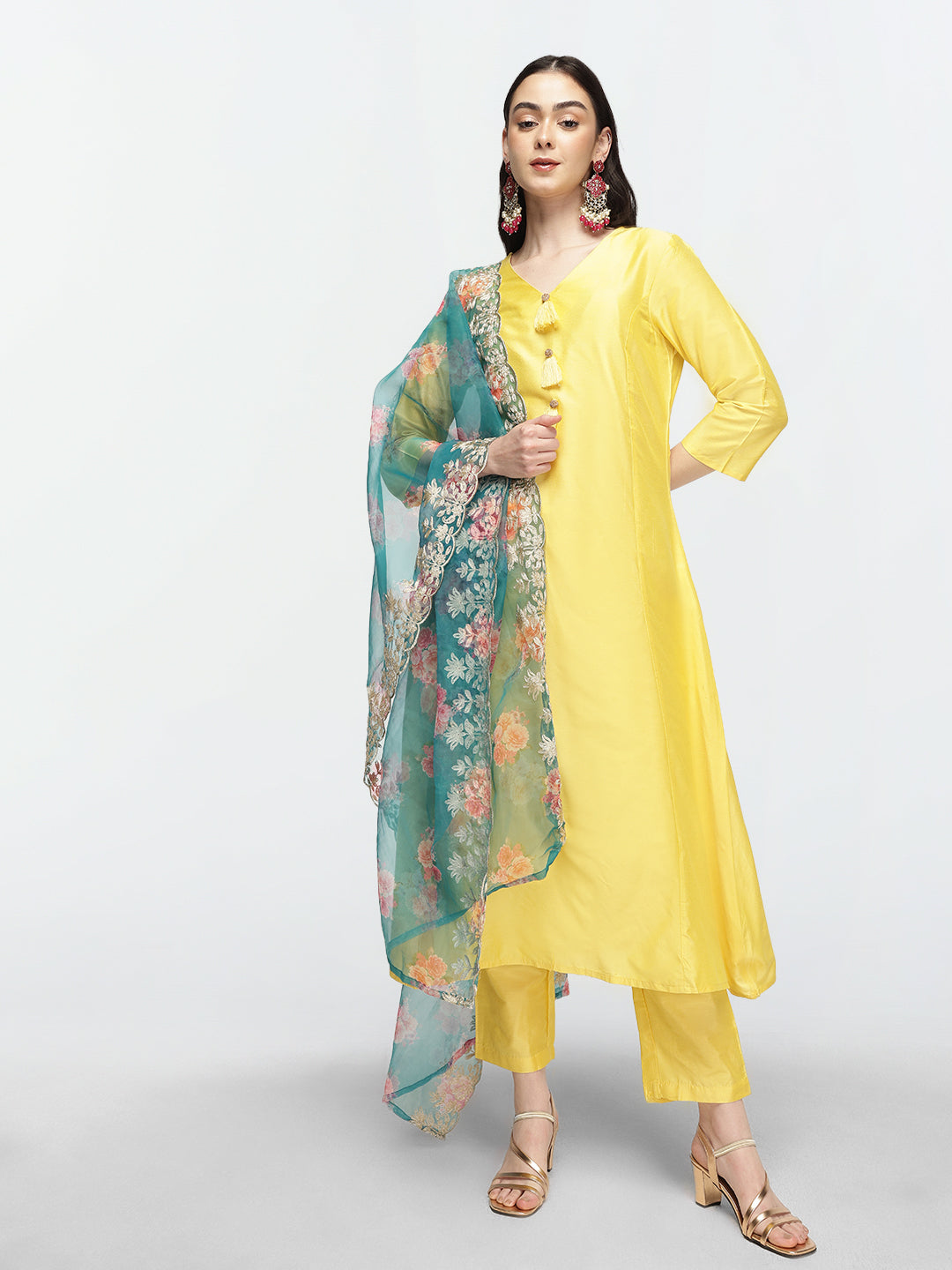 Graceful Yellow  Poly Silk Zari Embroidered A-line Kurta Set with statement dupatta