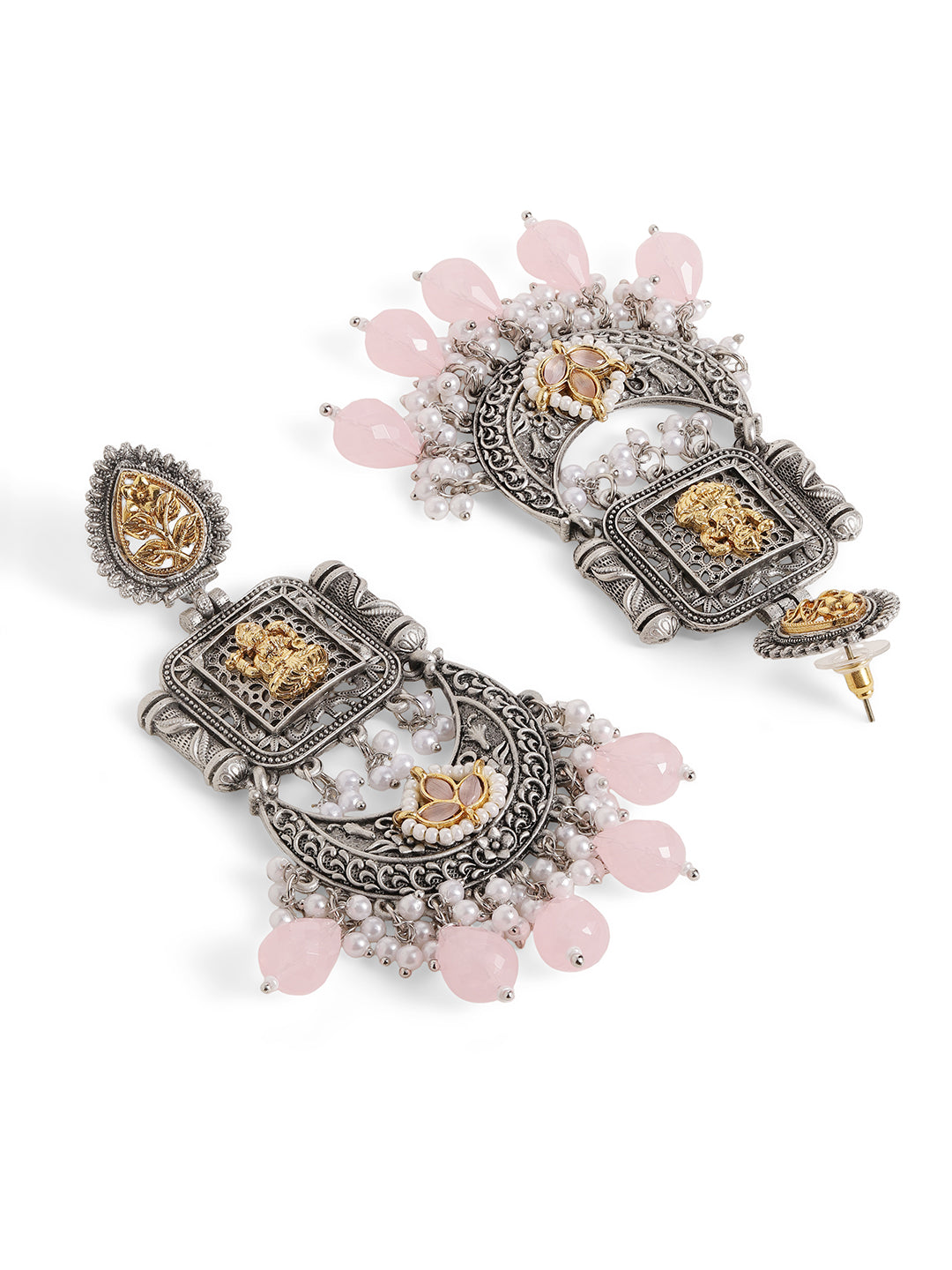 Pink Colour Silver Plated Pearl Chandbali Earring