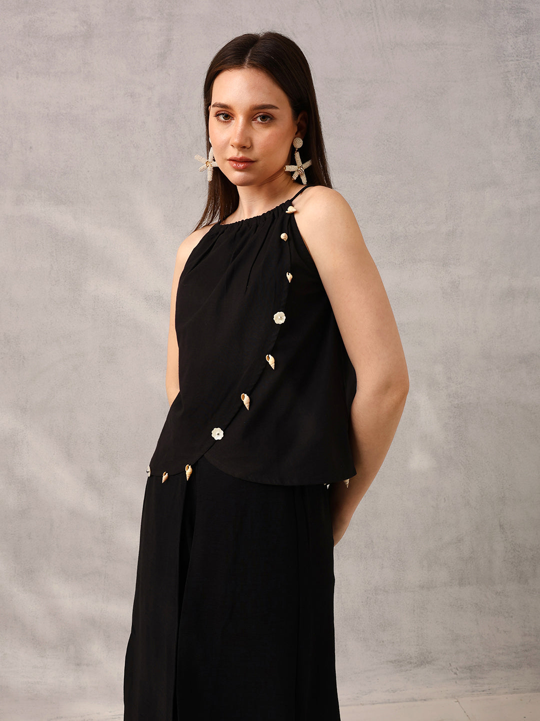 Ishin Black Layered Top with Shells Embellishment