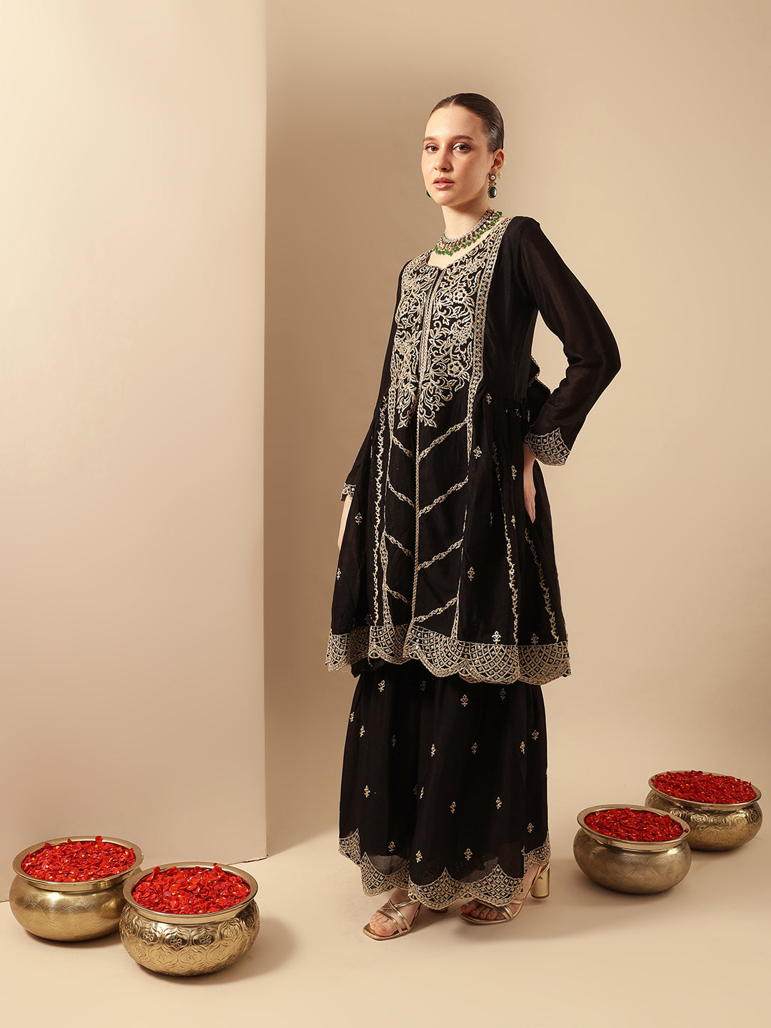 Rich Black Embroidered Kurta and sharara set with chinon dupatta