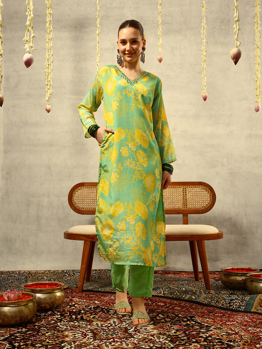 Green Digital Floral Printed & Mirror Embroidered Straight Kurta with Trouser & Dupatta