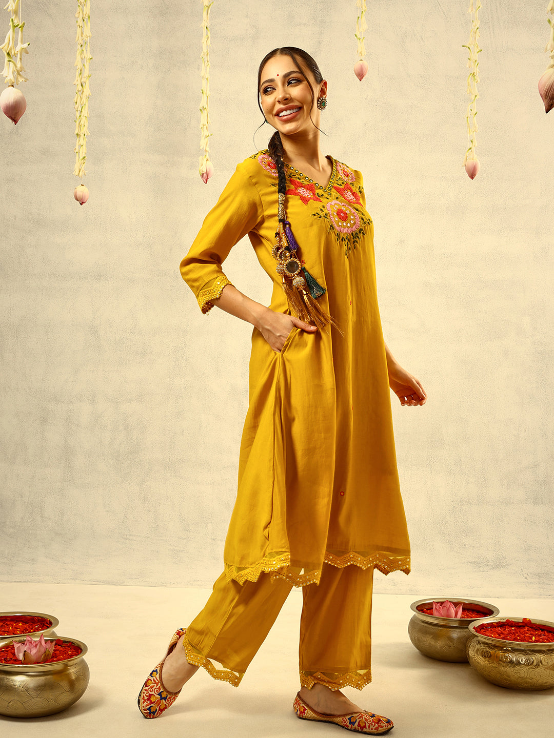 Mustard Mirror & Thread Embroidered  Festive Kurta with Trouser & Hand Painted Dupatta