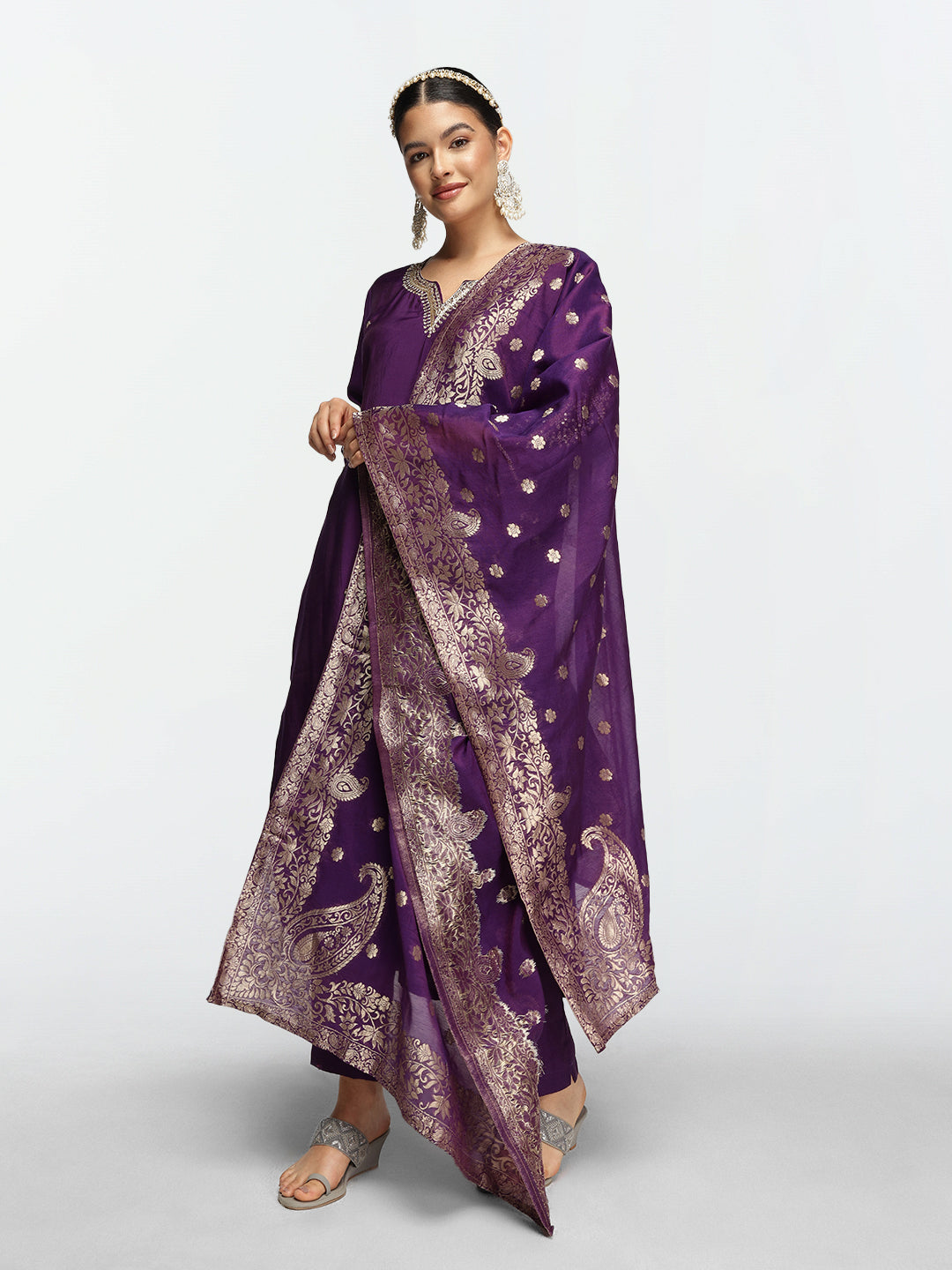 Rich Purple Poly Silk Zari Embroidered Straight Fit Kurta Set with Brocade Dupatta