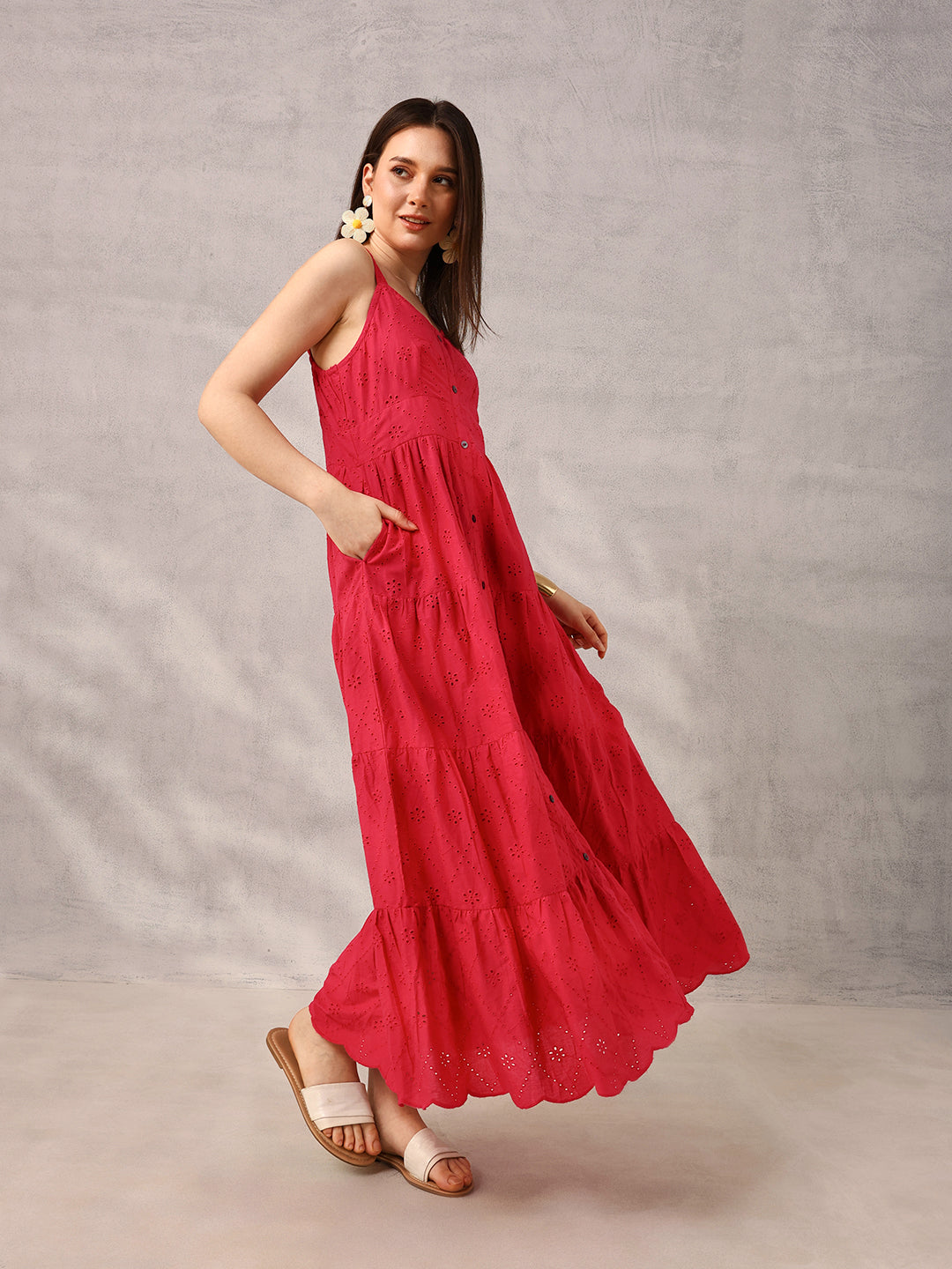 Pink Smart  Casual Schiffli Maxi Dress