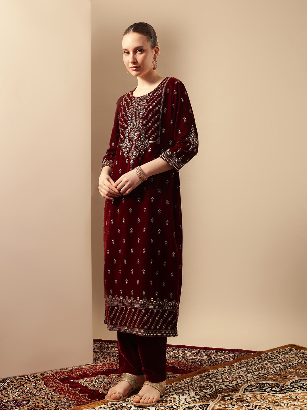 Rich Maroon Velvet Gold Print Straight Kurta sets with dupatta