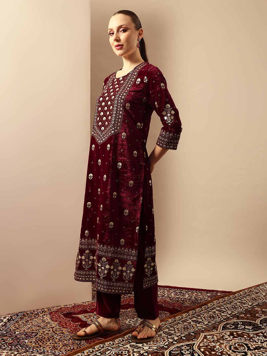 Rich Wine Velvet Gold Print Straight Kurta sets with dupatta