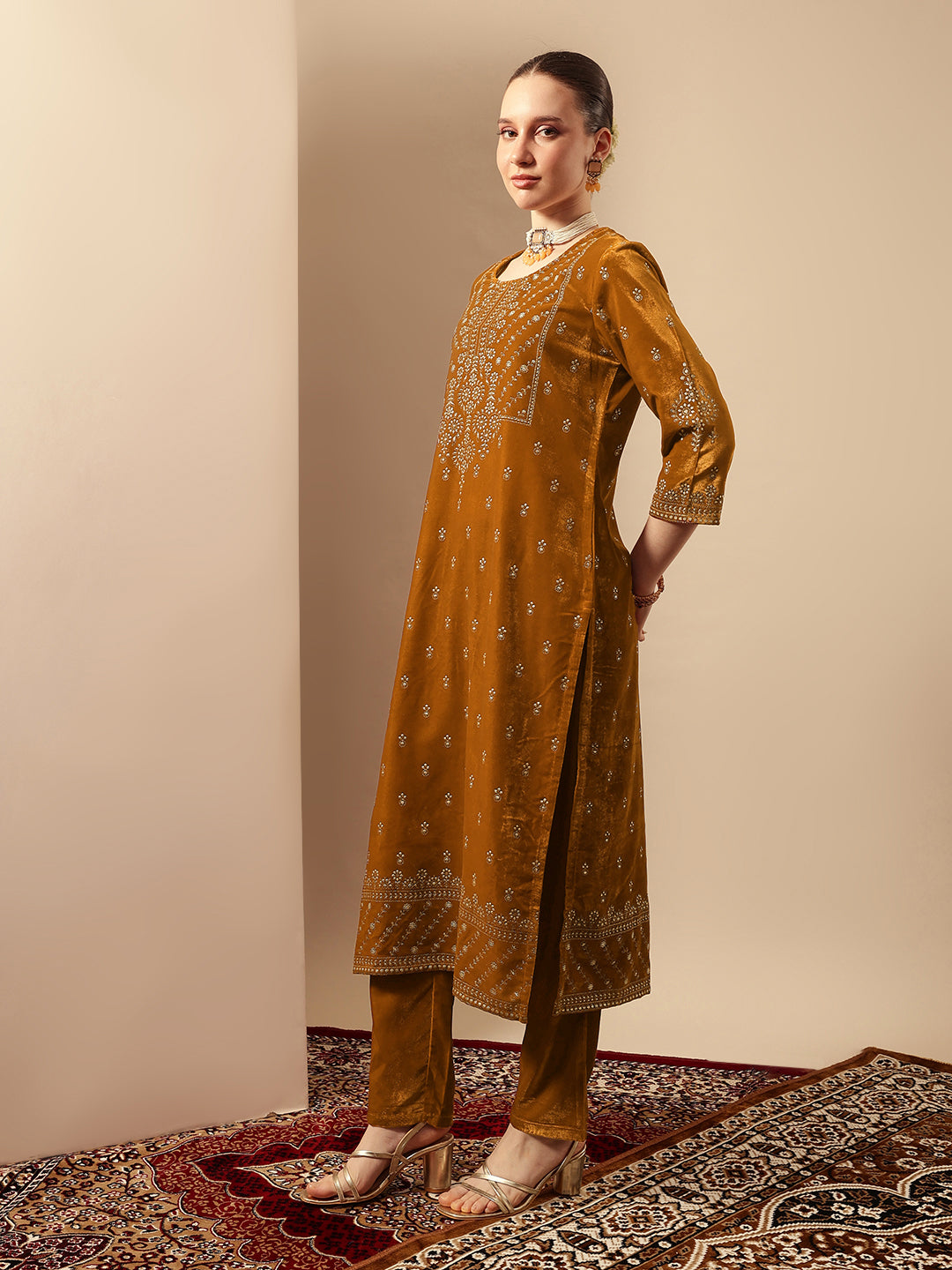 Rich Gold Velvet Gold Print Straight Kurta sets with dupatta