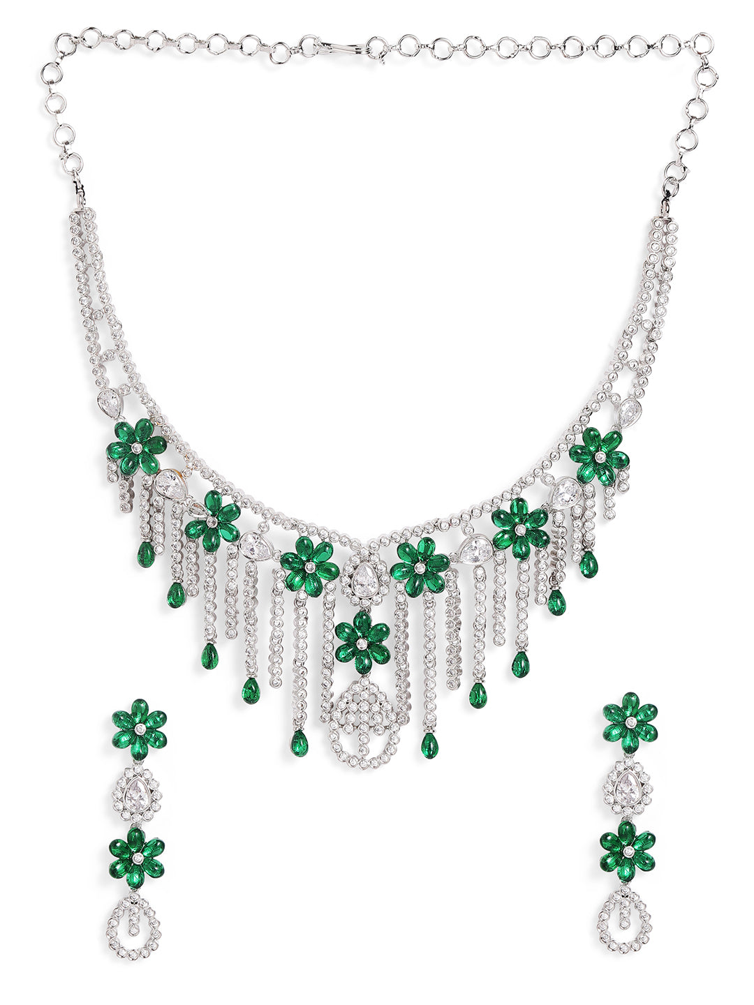 Green Colour Silver Plated AD Jewellery Set