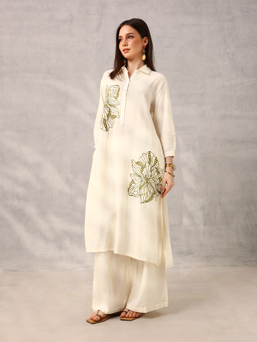 Ishin Off White Smart Workwear Embroidered Kurta with Palazzo