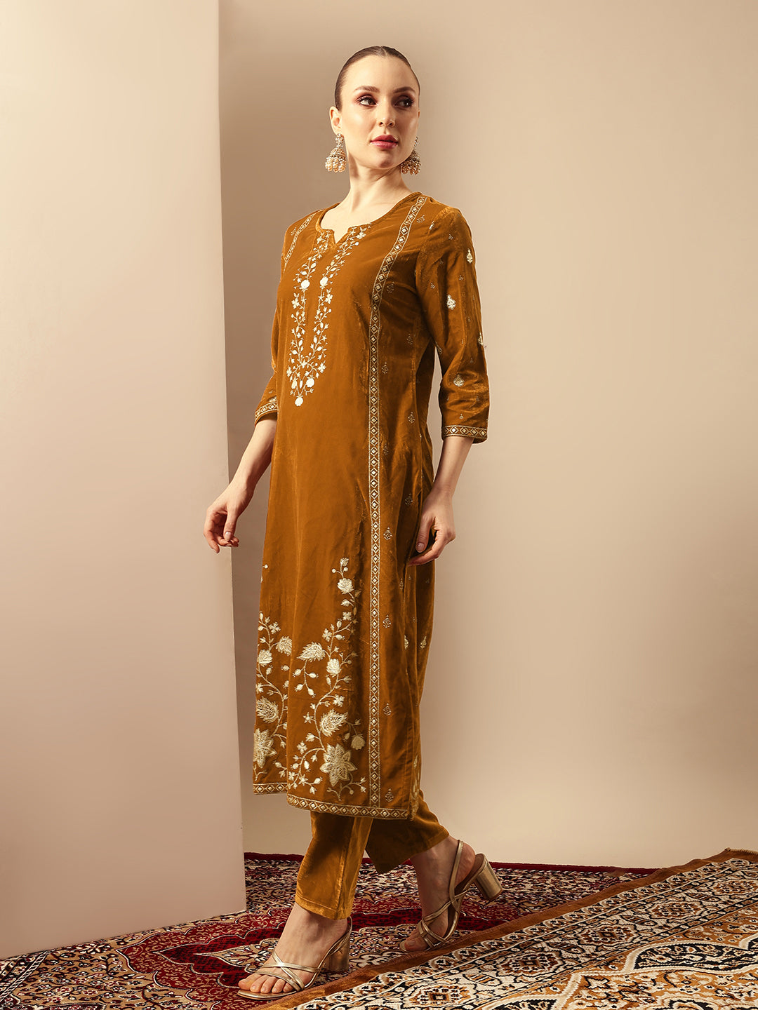 Rich Gold Velvet Gold Print Straight Kurta sets with dupatta