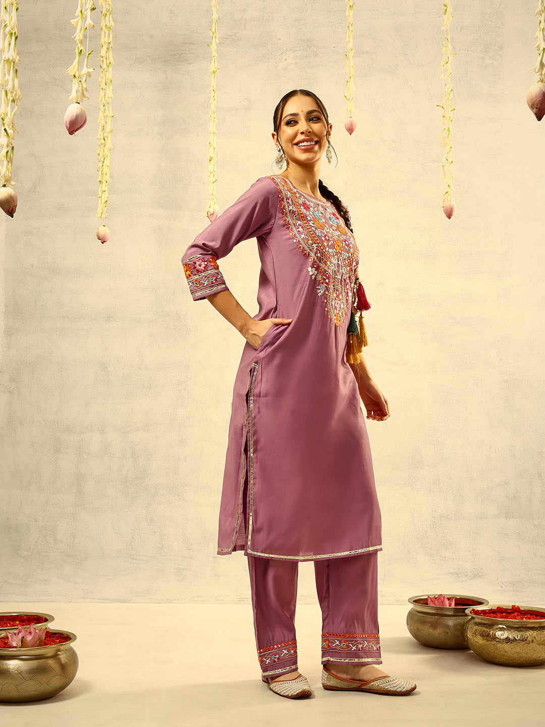 Purple Mirror & Thread Embroidered  Festive Kurta with Trouser & hand painted Dupatta