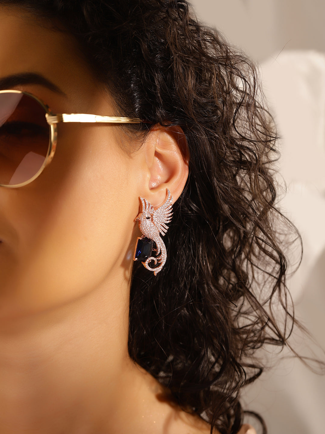 Bue Colour Rose Gold Plated AD Drop Earring