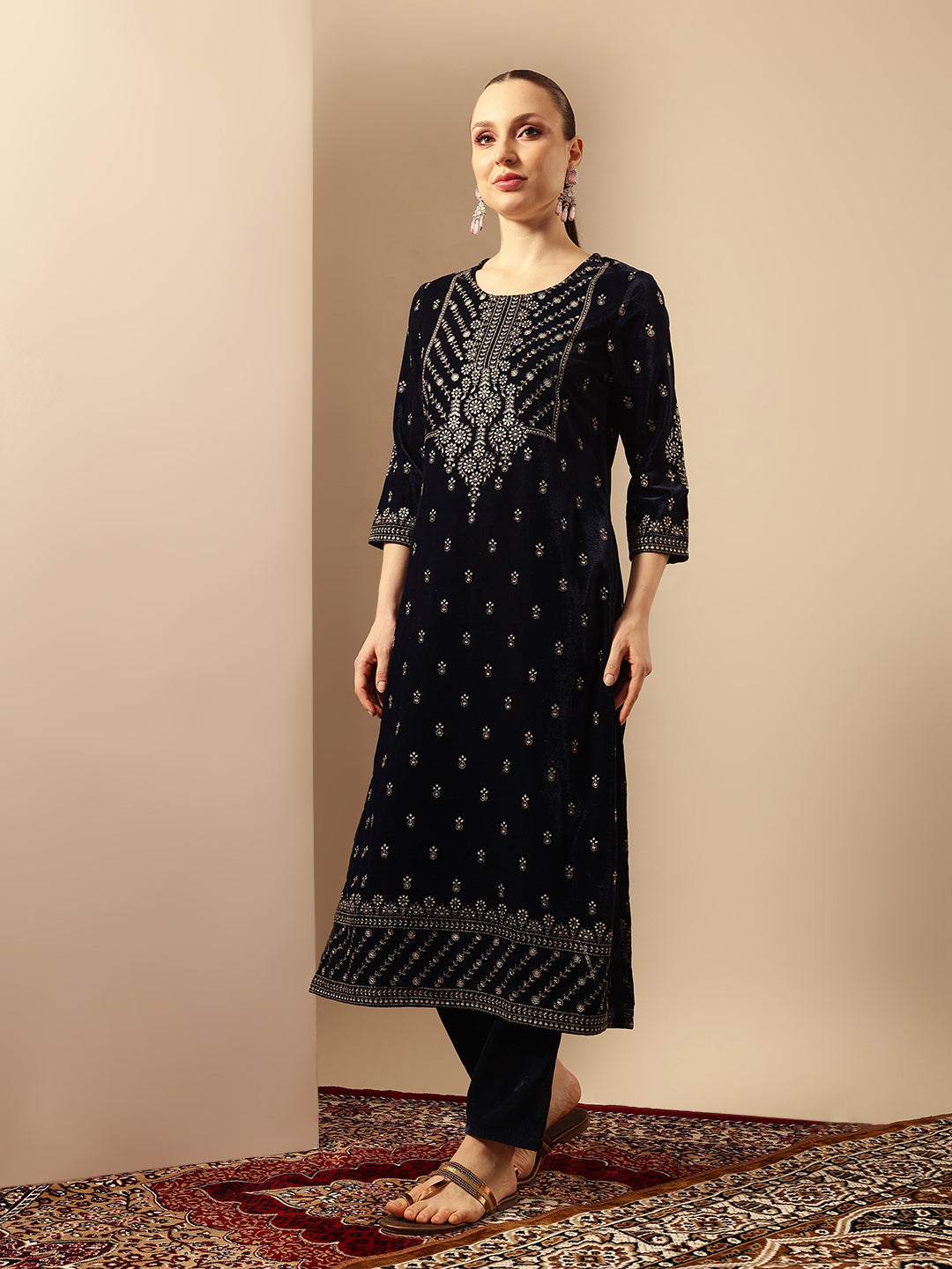 Rich Navy  Velvet Gold Print Straight Kurta sets with dupatta
