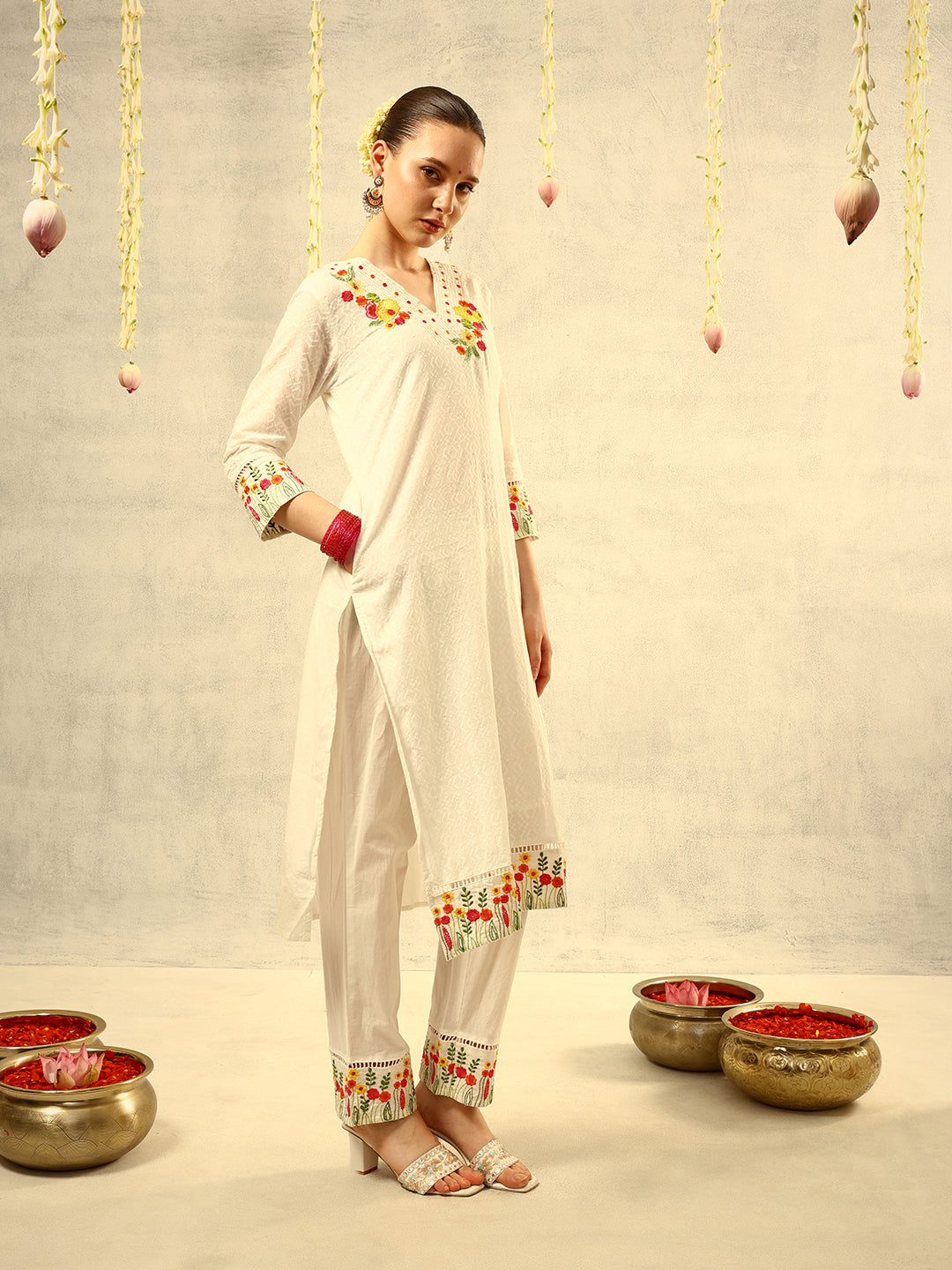 Off White Multi Coloured Thread Embroidered Kurta with Trouser and Hand Painted Dupatta