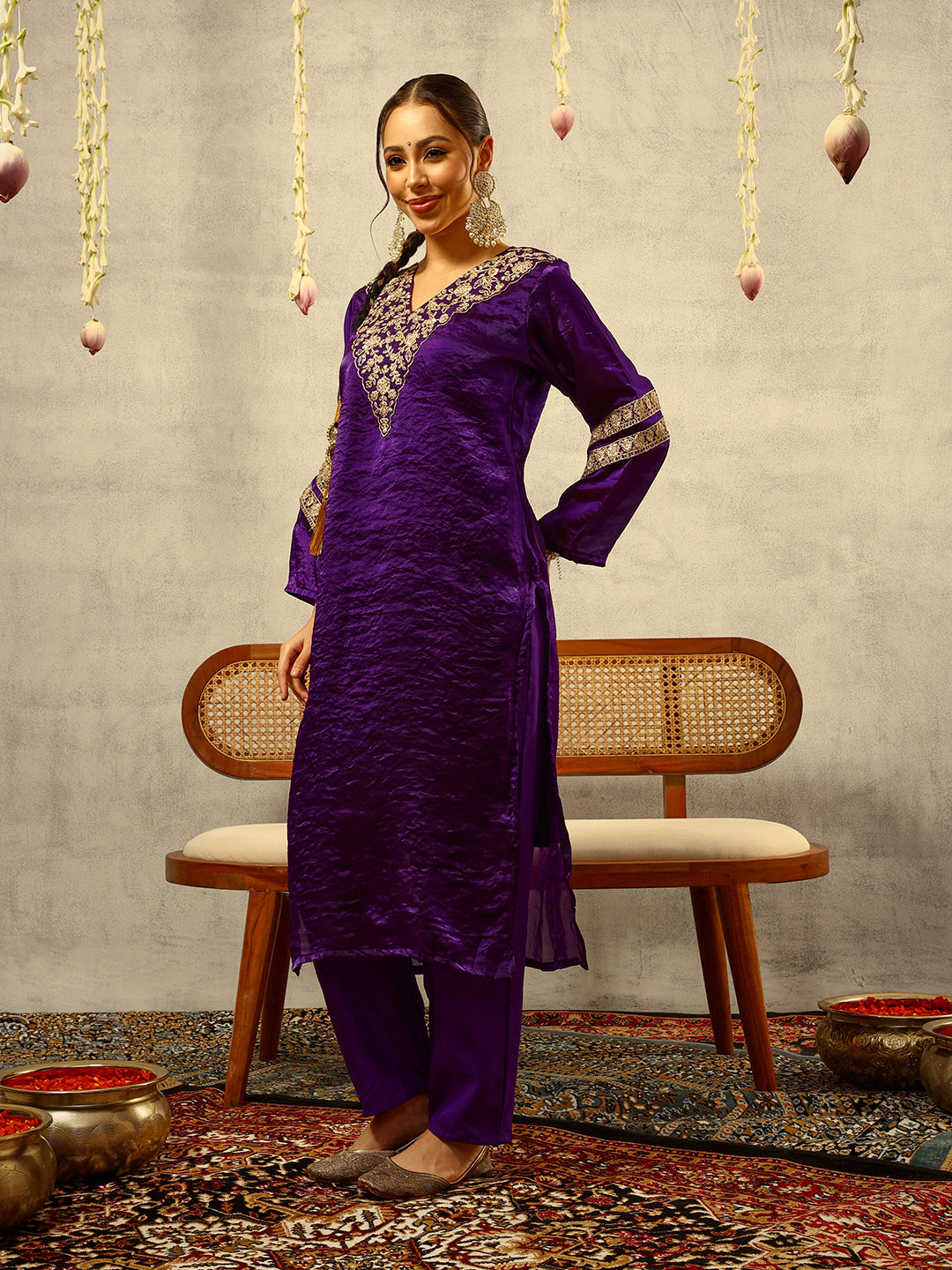 Purple Cording & Zari Embroidered Festive Kurta with Trouser & Embellished Organza Dupatta