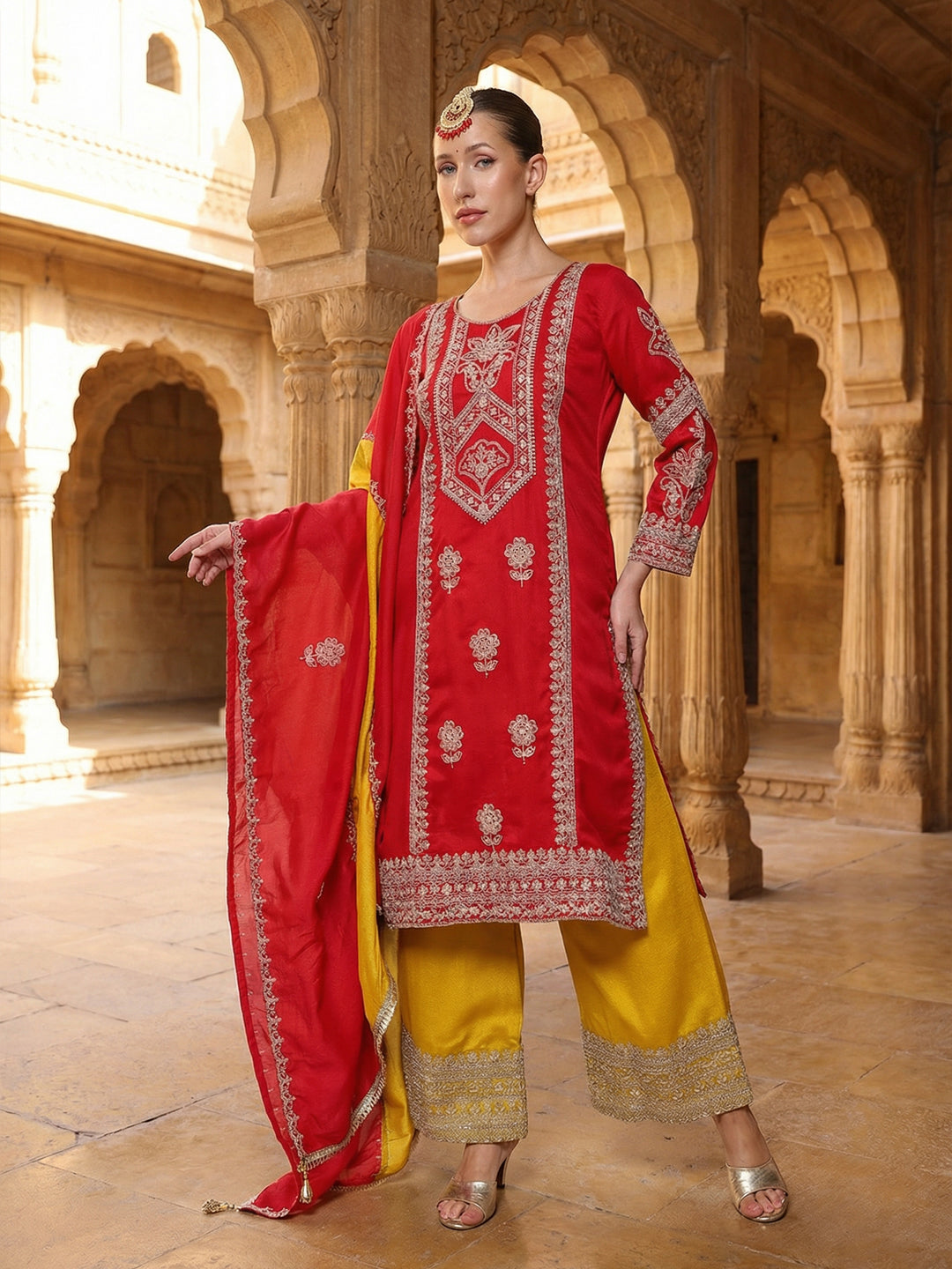 Rich Red Embroidered Straight Kurta sets