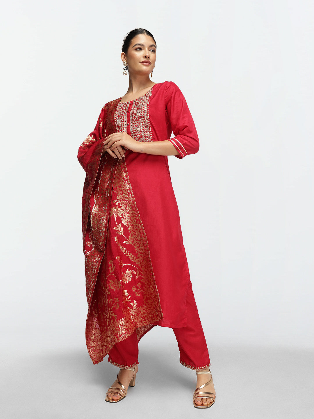 Elegant Red Chinon Zari Embroidered Straight Fit  Kurta Set with Statement dupatta