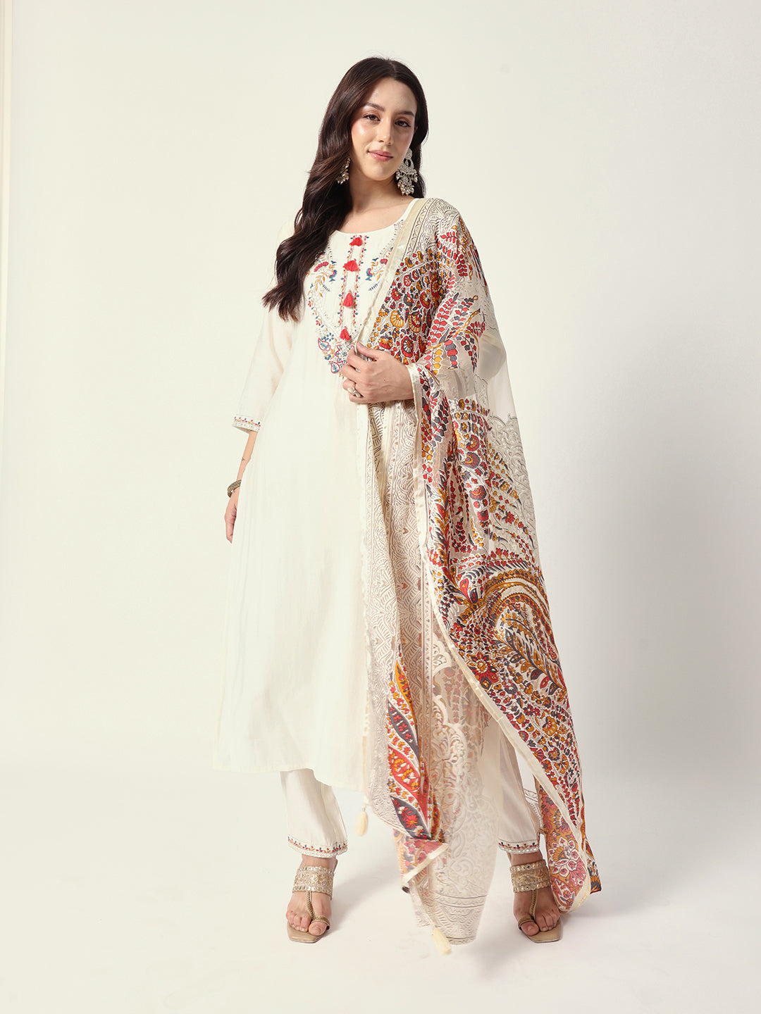 Graceful OffWhite Viscose rayon embroiderd straight fit kurta set with statement brasso  dupatta